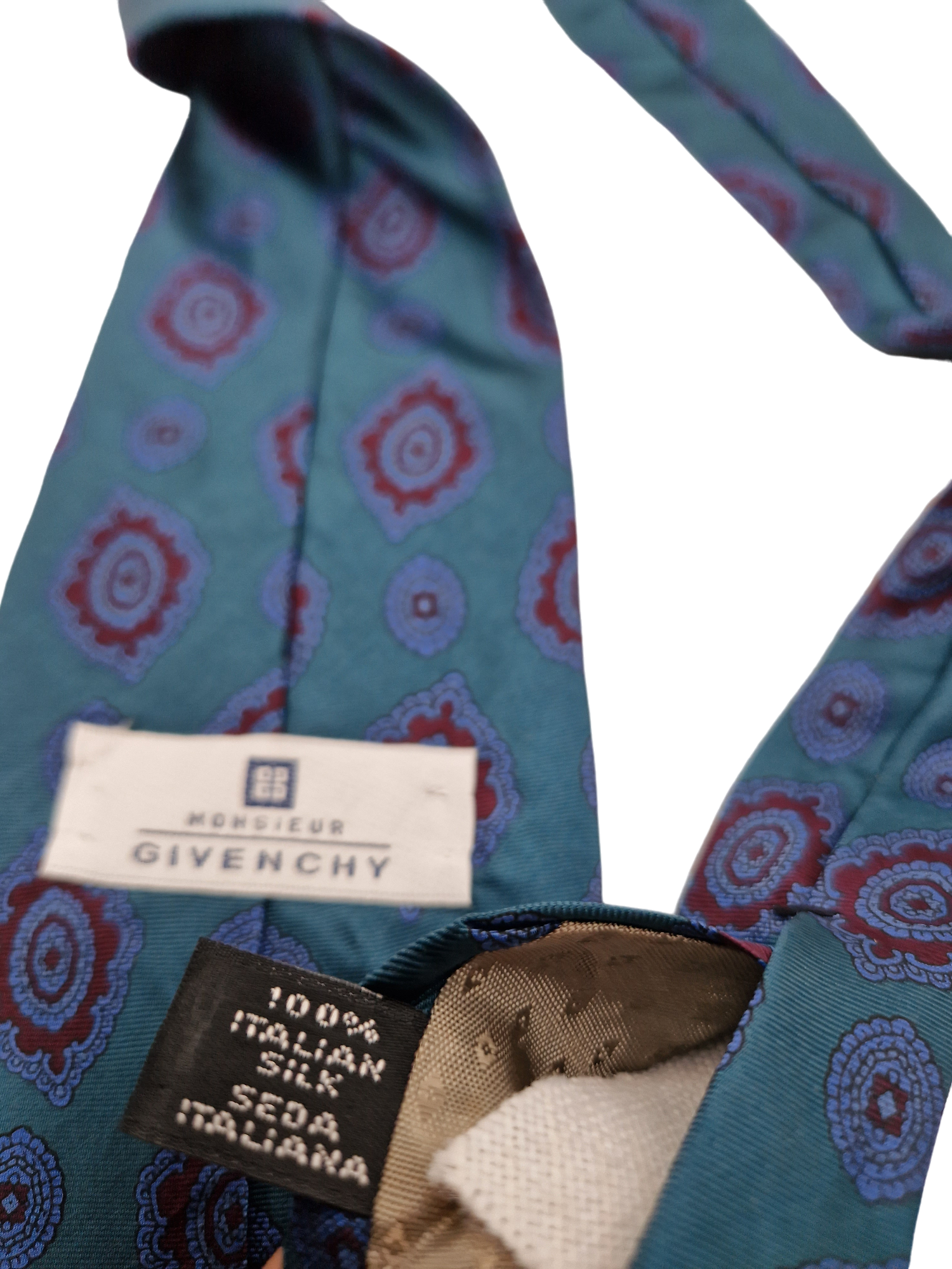 90s Givenchy Krawatte Made In USA Seide Paisley Like Muster Türkis Blau