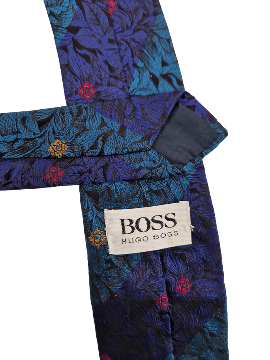 Vintage Hugo Boss Krawatte Floral Print Grün Blau