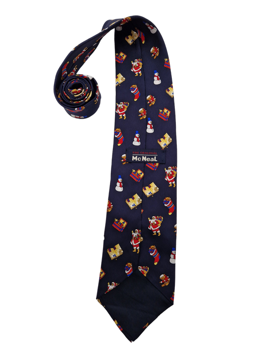 Vintage MCNeal Krawatte Weihnachtsmotive Seide Made In Italy Allover Print Dunkelblau