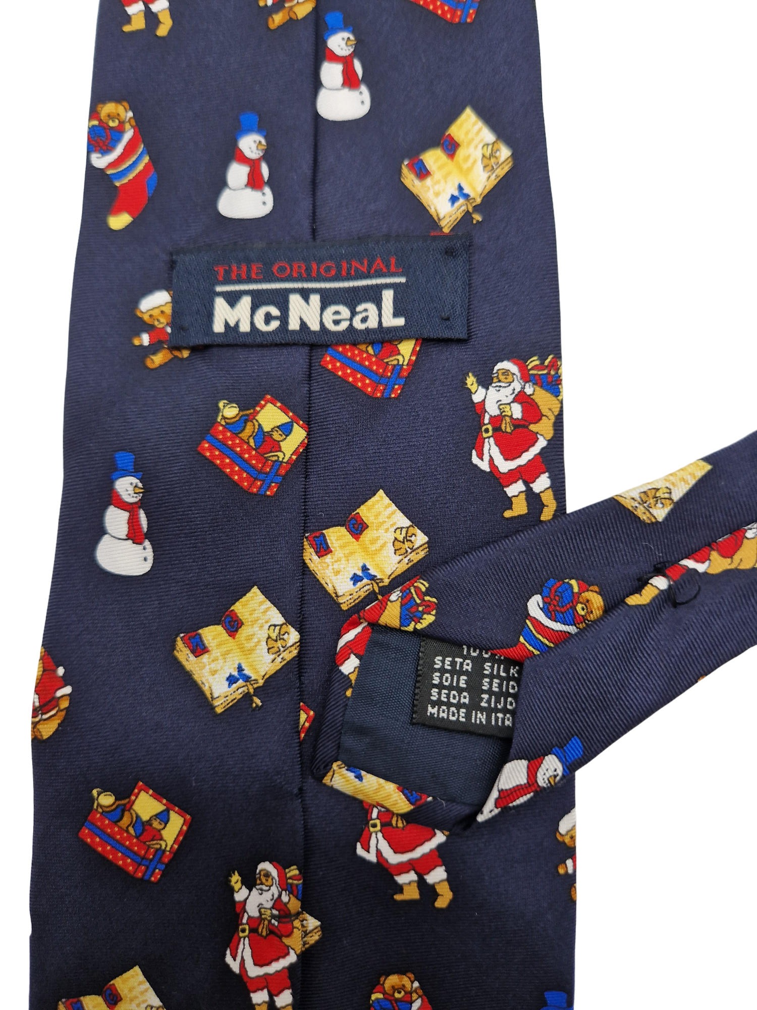 Vintage MCNeal Krawatte Weihnachtsmotive Seide Made In Italy Allover Print Dunkelblau