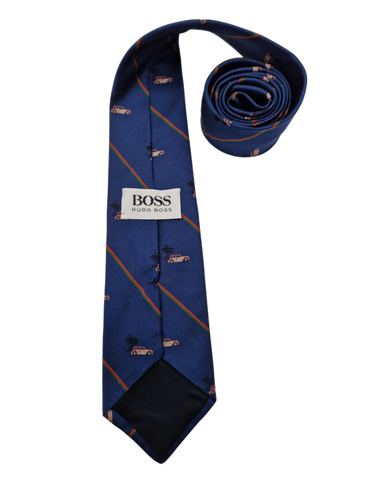 Vintage Hugo Boss Krawatte Palmen&Autos Dunkelblau
