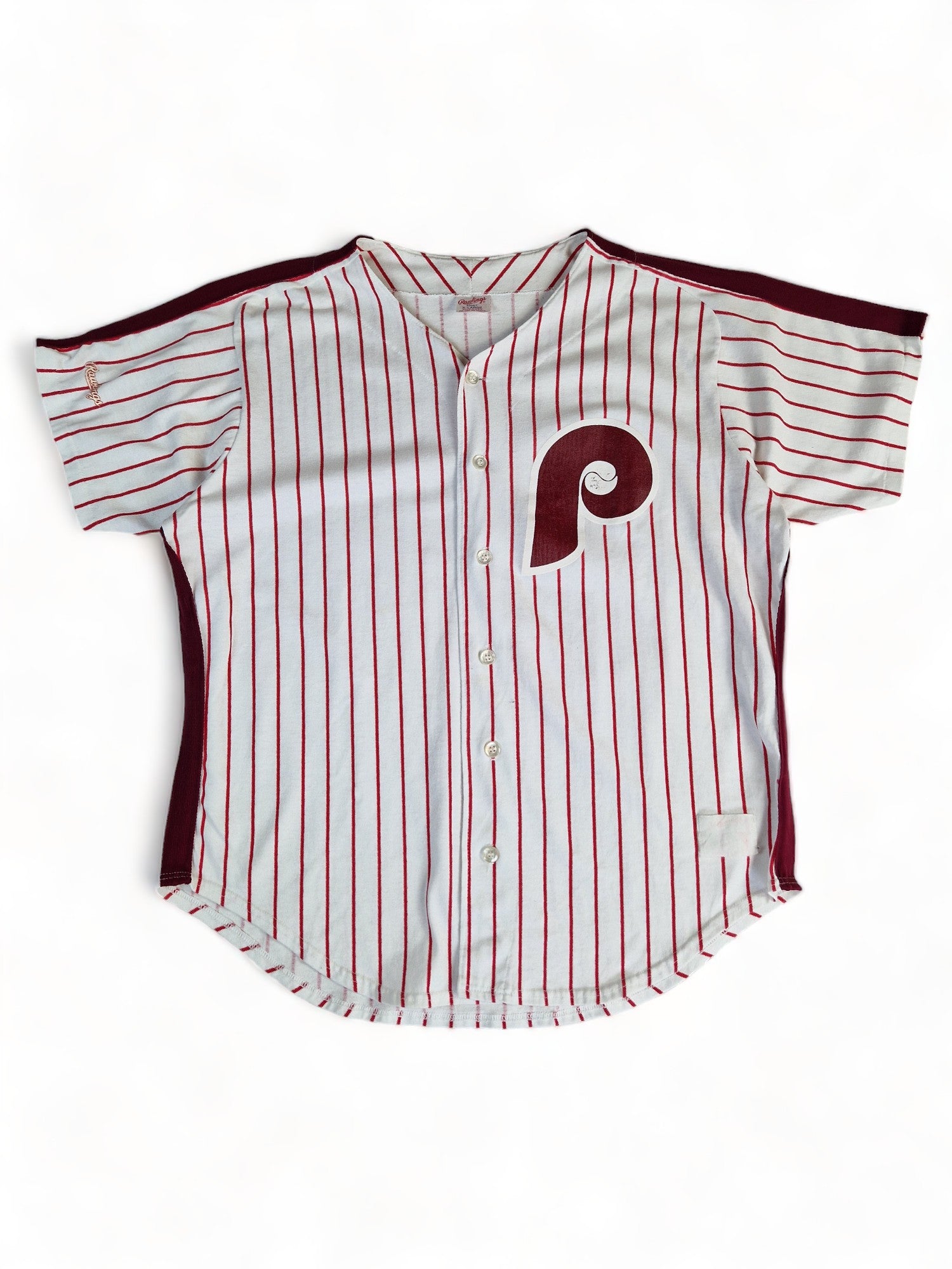 Vintage Rawlings Shirt 80s Philadelphia Phillies Baseball Pinstripe Single Stitch Made In USA Weiß Rot XL - RareRags