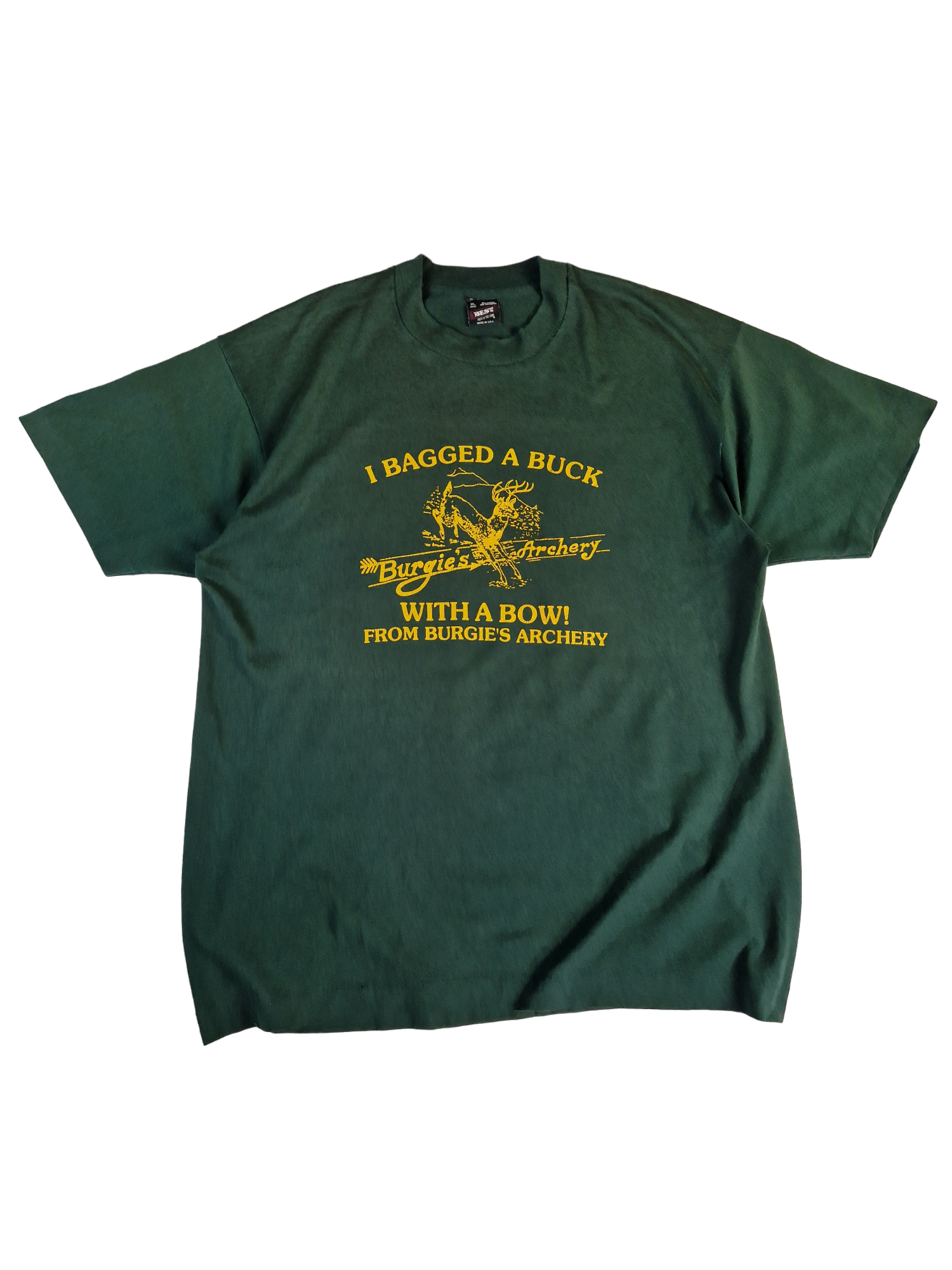Vintage Fruit Of The Loom Shirt 50/50 Burgie's Archery Adverisement Single Stitch Made In USA Grün XL - RareRags