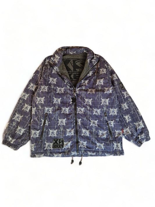 Vintage Exes Jacke Abstract Skelett/Fossilien Print Fleece Innenfutter Grau Blau S-M