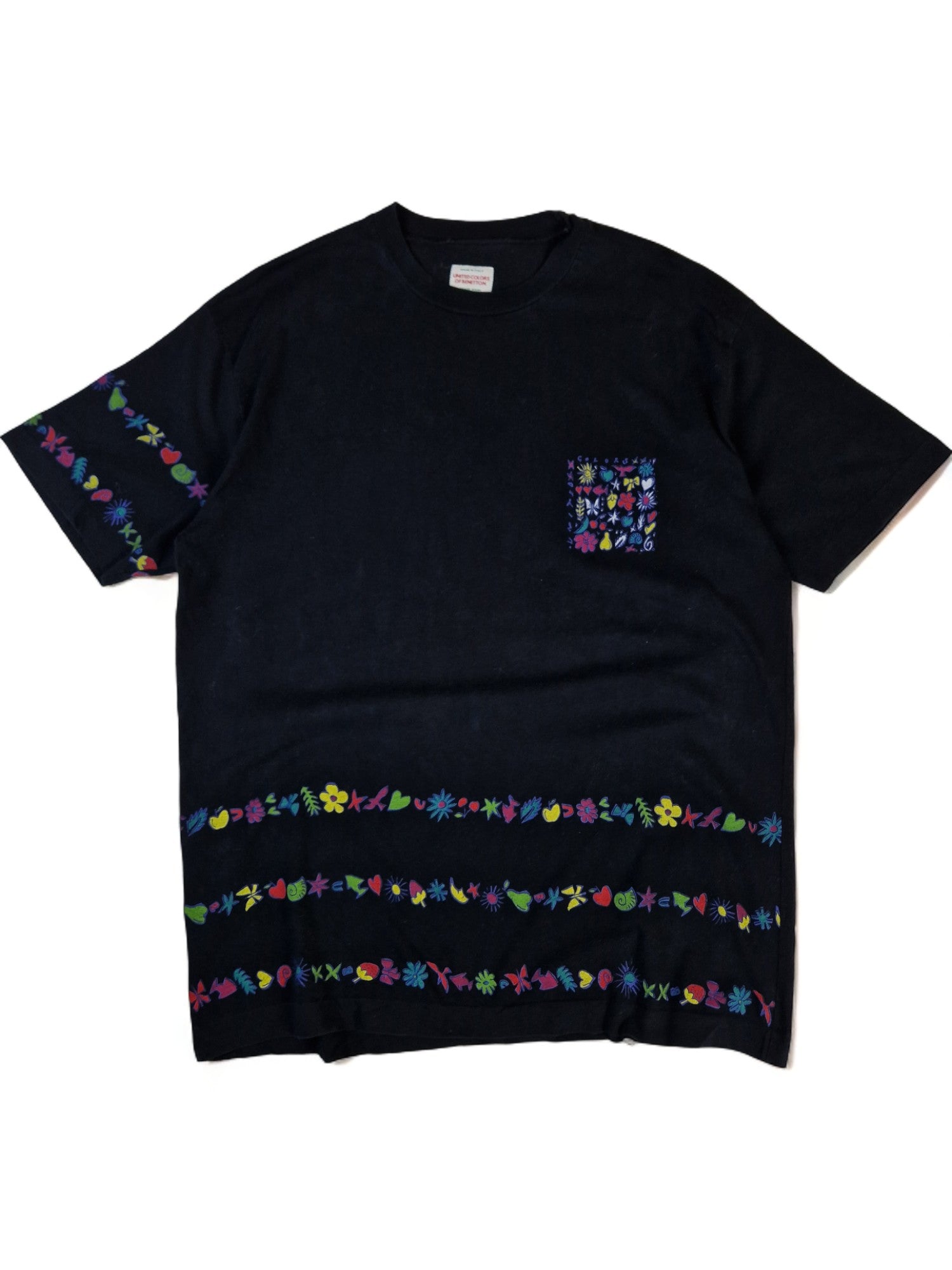 Vintage United Colors Of Benetton Shirt Blumen Print Single Stitch Made In Italy Schwarz XL - RareRags