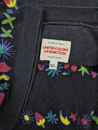 Vintage United Colors Of Benetton Shirt Blumen Print Single Stitch Made In Italy Schwarz XL
