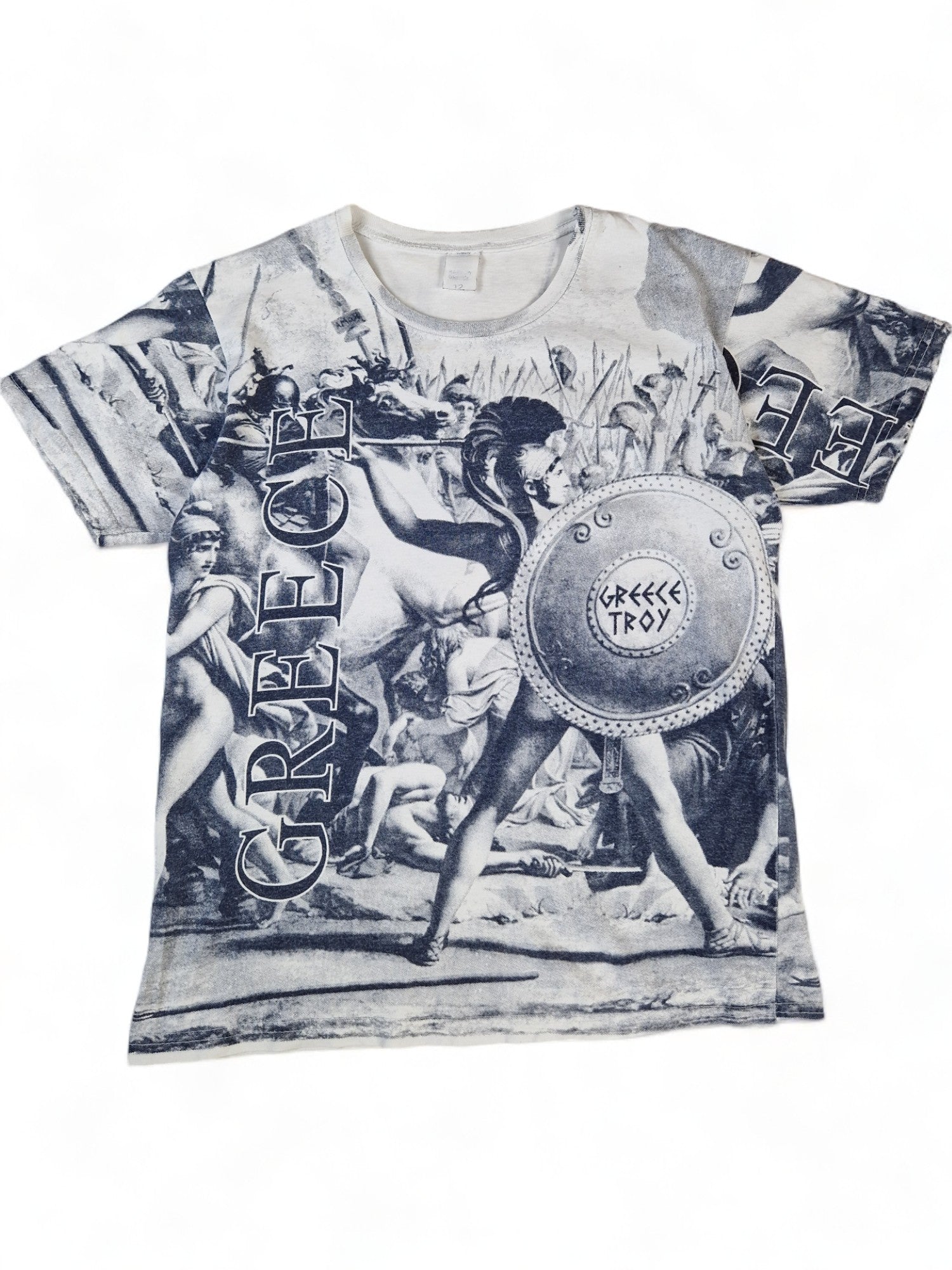 Vintage Shirt "Greece, Troy" Allover Print Weiß Grau S-M - RareRags