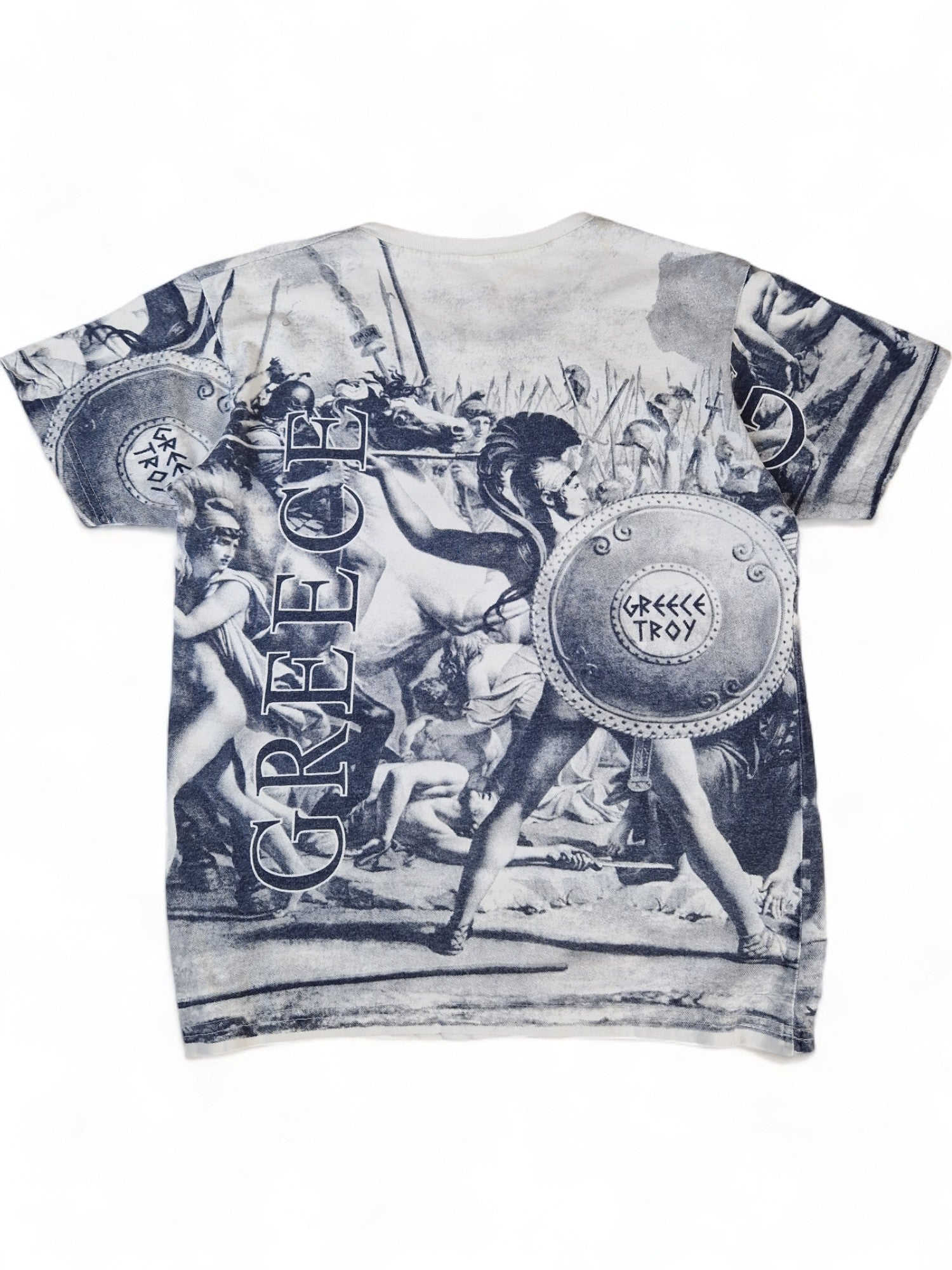 Vintage Shirt "Greece, Troy" Allover Print Weiß Grau S-M - RareRags