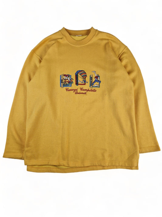 Vintage Sweater 80s "Canazei Campitello Dolomites" Bestickt Gelb XL