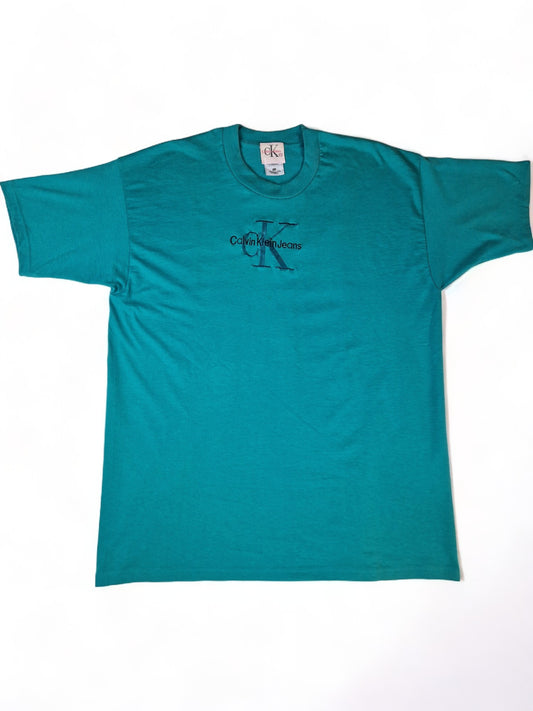 Vintage Calvin Klein Bootleg Shirt Auf Fruit Of The Loom Blank Türkis XL