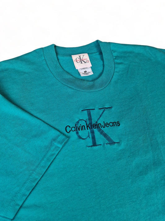 Vintage Calvin Klein Bootleg Shirt Auf Fruit Of The Loom Blank Türkis XL