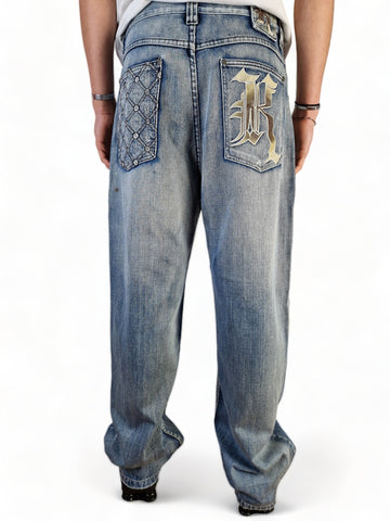 Vintage Karl Jani Jeans Baggy Y2K Vibe Pocket Embroidery Ausgewaschen Blau 34/34