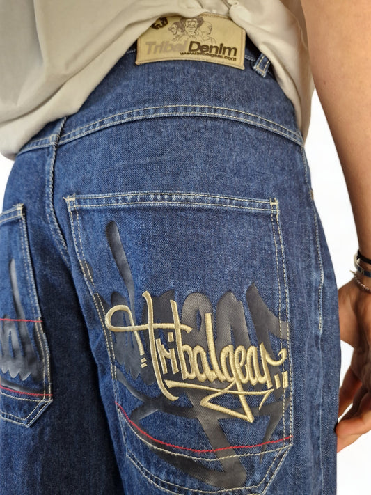 Vintage Tribal Jeans Y2K Vibe Baggy Fit Embroidery Blau 30