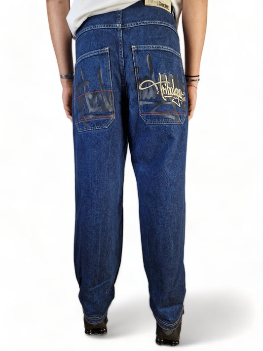 Vintage Tribal Jeans Y2K Vibe Baggy Fit Embroidery Blau 30