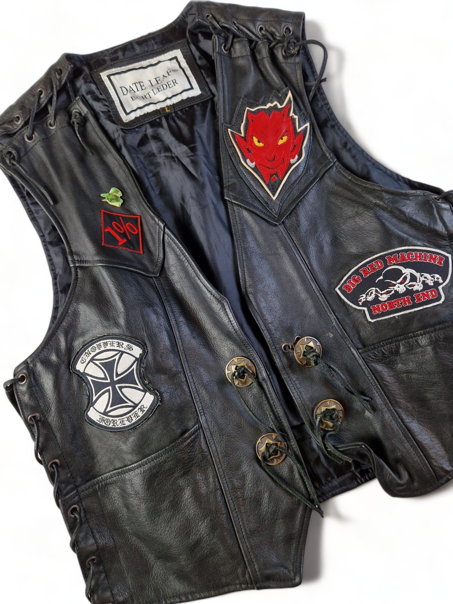 Vintage Date Leaf Lederweste Biker "Germany" Patches Schwarz L