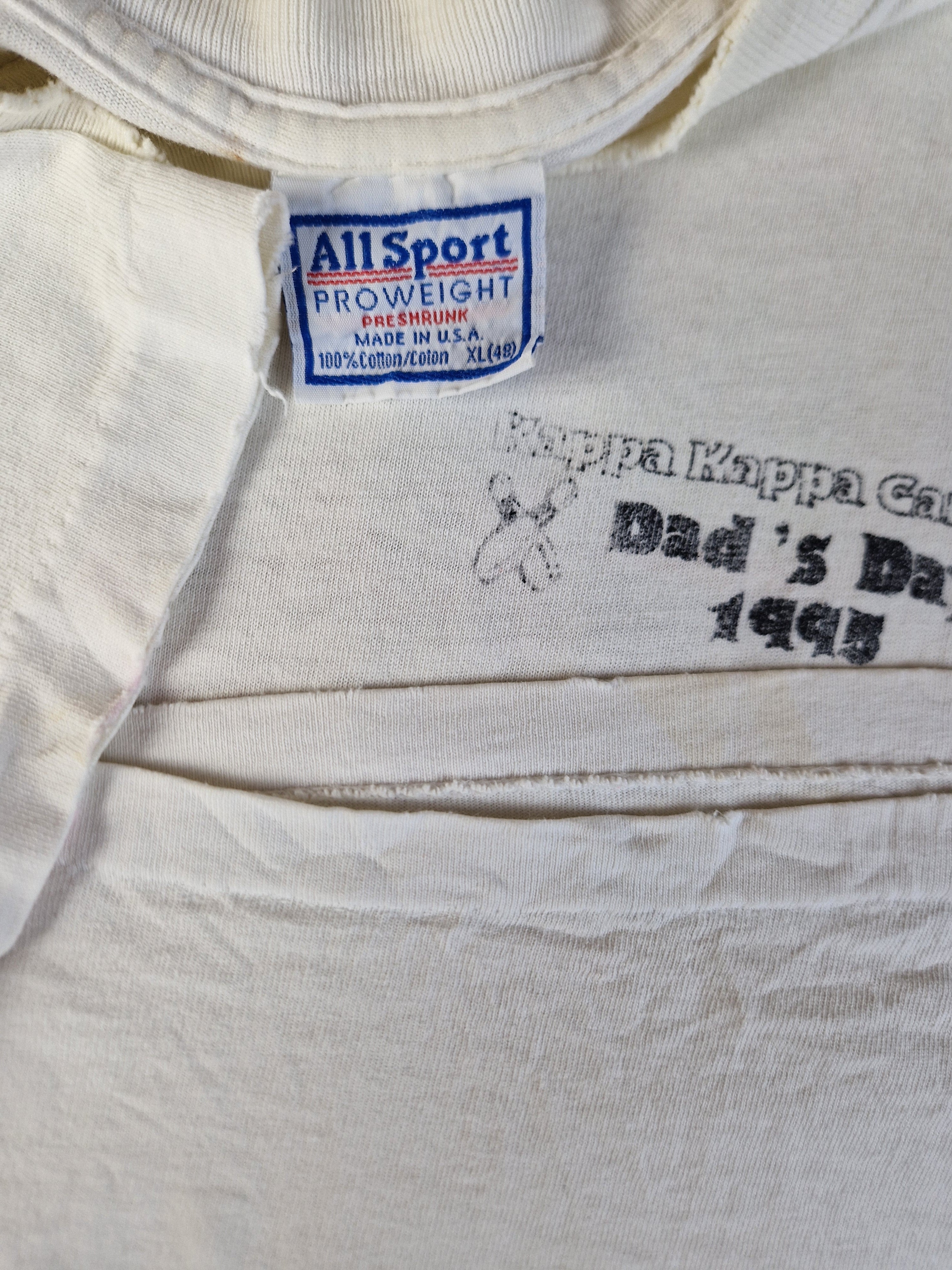 Vintage All Sport Shirt Trashed "Dad's Day 1995" Single Stitch Made In USA Weiß XL - RareRags