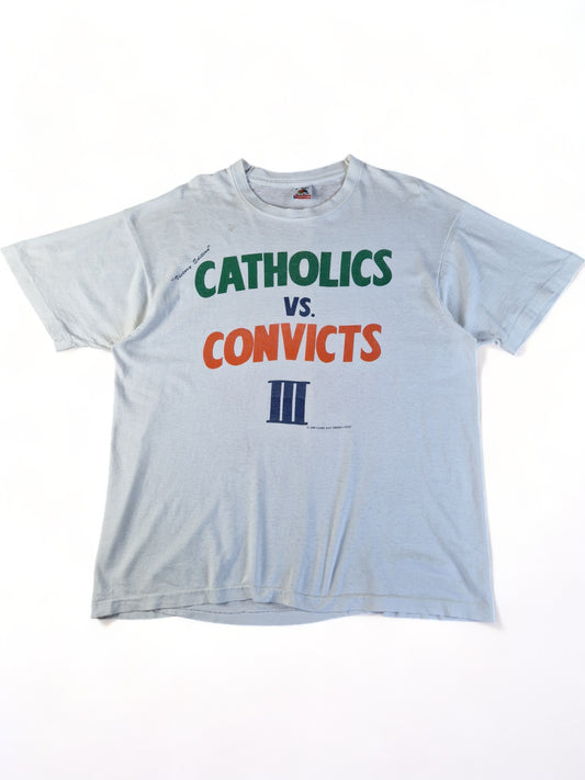 Vintage Fruit Of The Loom Shirt 1990 Miami/Notre Dame Catholics Vs. Convicts Made In USA Single Stitch Weiß XL