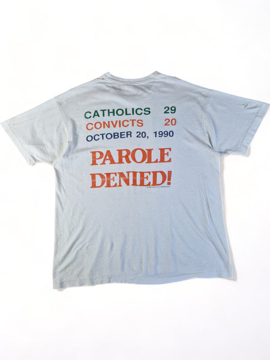 Vintage Fruit Of The Loom Shirt 1990 Miami/Notre Dame Catholics Vs. Convicts Made In USA Single Stitch Weiß XL