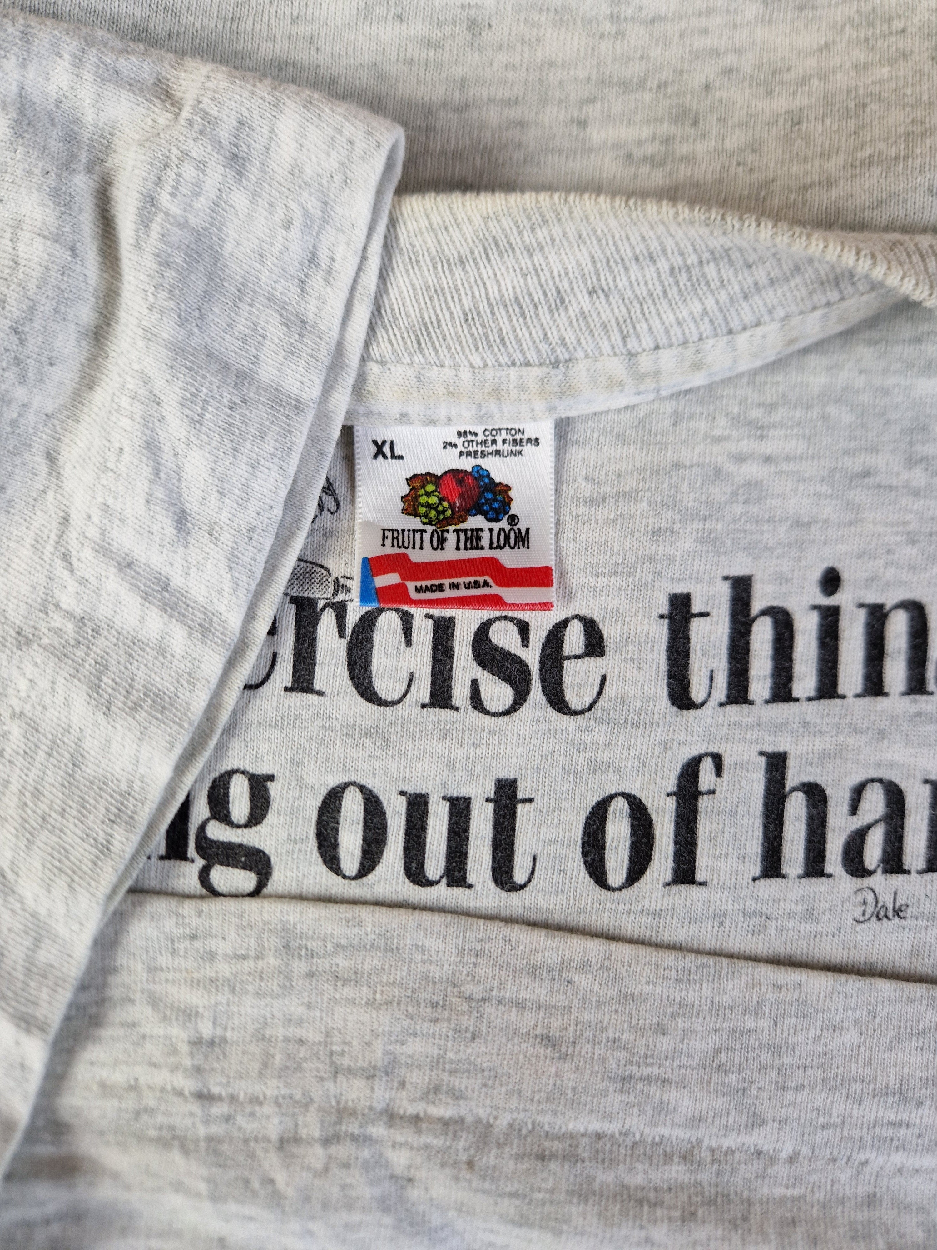 Vintage Fruit Of The Loom Shirt "This exercise thing is getting out of hand." Single Stitch Made In USA Grau XL - RareRags