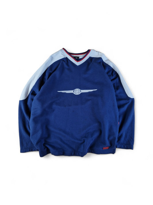 Vintage Chrysler Sweater Front Logo Made In Portugal Dunkelblau Rot XXL