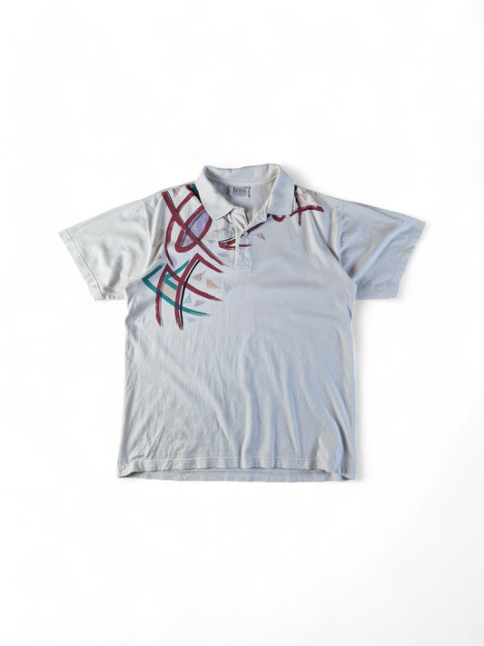 Vintage Boss Polo Shirt Tennis Abstract Pattern Weiß Bunt XL