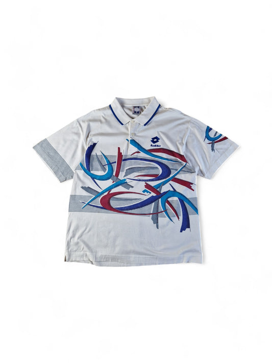 Vintage Lotto Polo Shirt Tennis Italiano Abstract Pattern Weiß Bunt L-XL