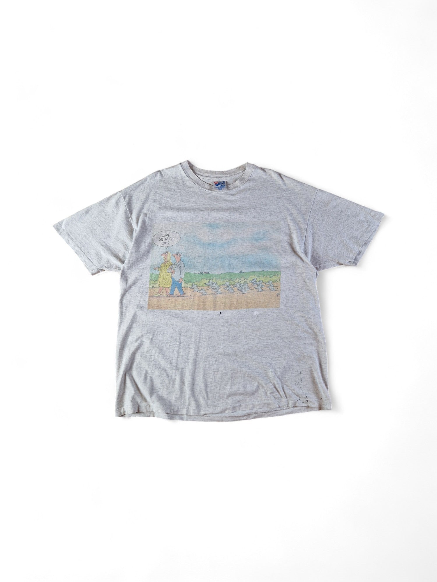 Vintage Hanes Shirt Comic Print "Sind sie noch da?" Made In USA Single Stitch Grau XL - RareRags
