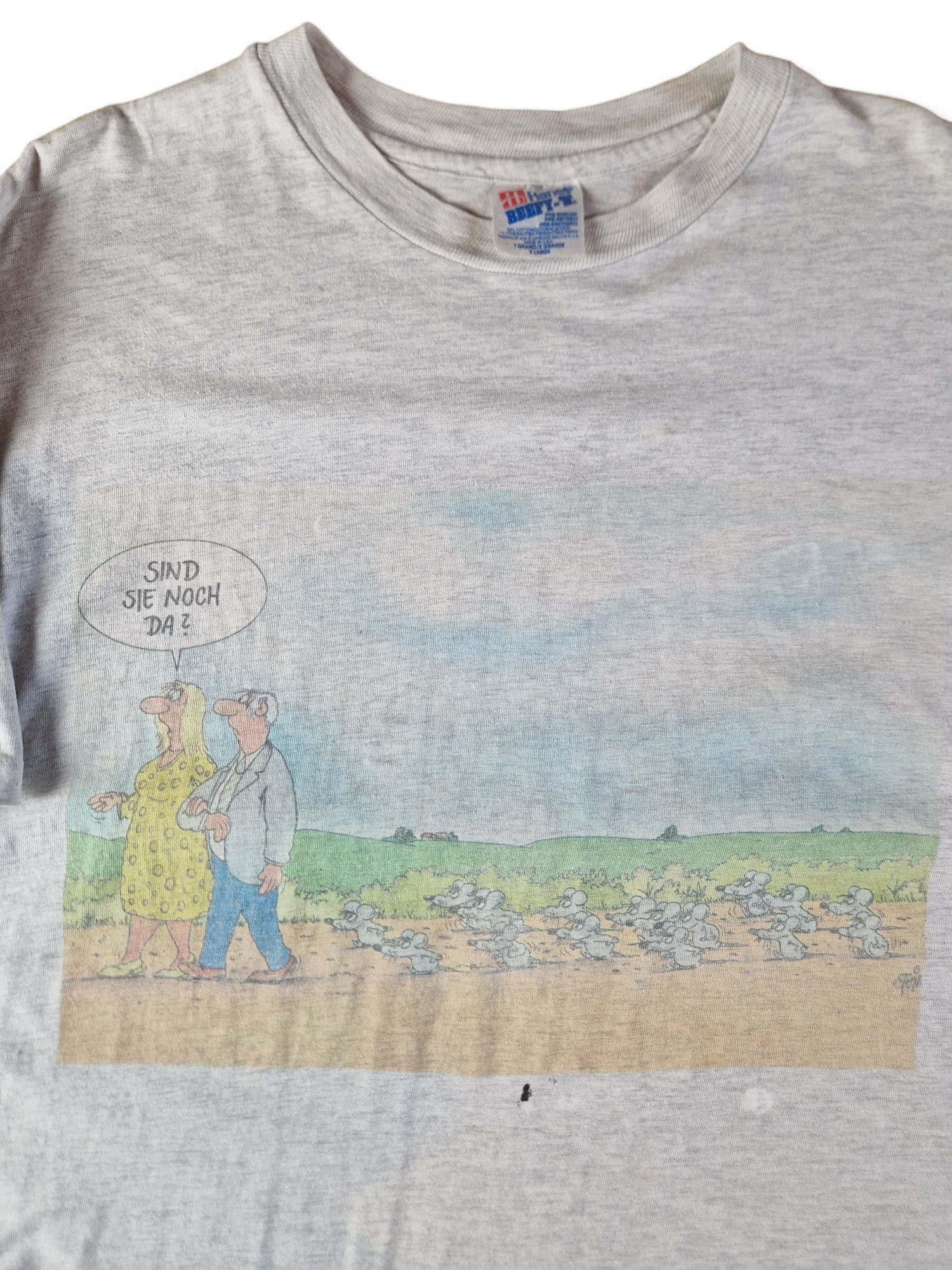 Vintage Hanes Shirt Comic Print "Sind sie noch da?" Made In USA Single Stitch Grau XL - RareRags