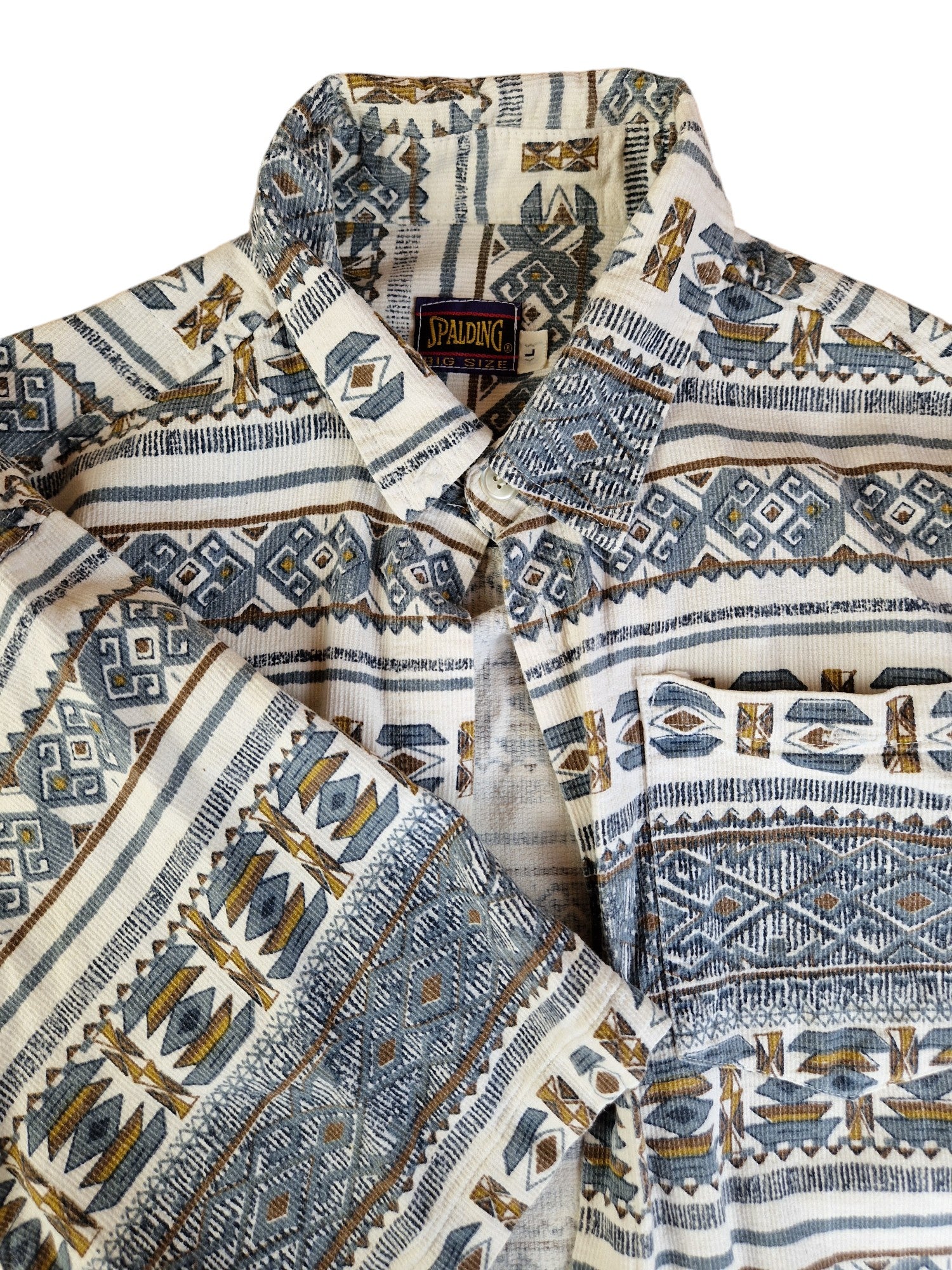 Vintage Spalding Hemd Kurzarm Ethno-Muster Blau Braun L