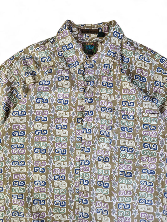 Vintage Royal Robbins Hemd Kurzarm Ethno Muster Made In Hong Kong Grün Lila L