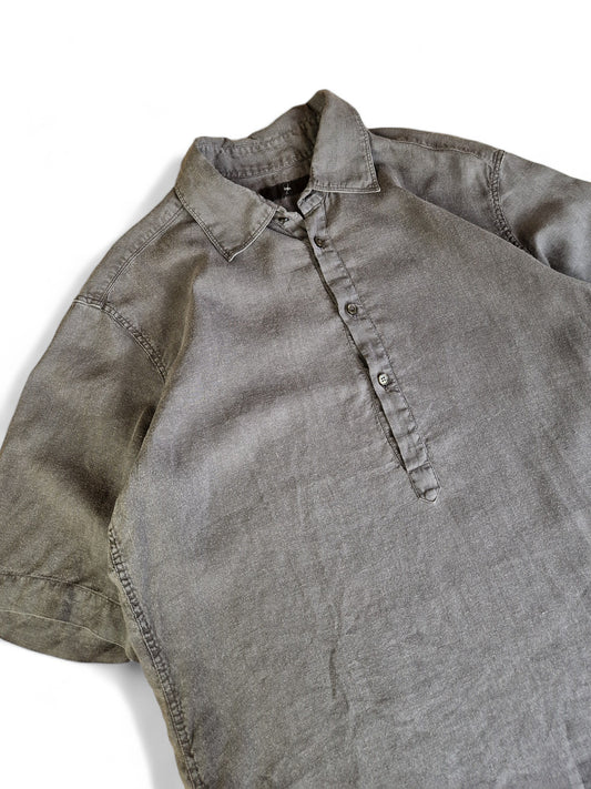 Zegna Hemd "City" Leinen Kurzarm Halbe Knopfleiste Made In Italy Grau XL
