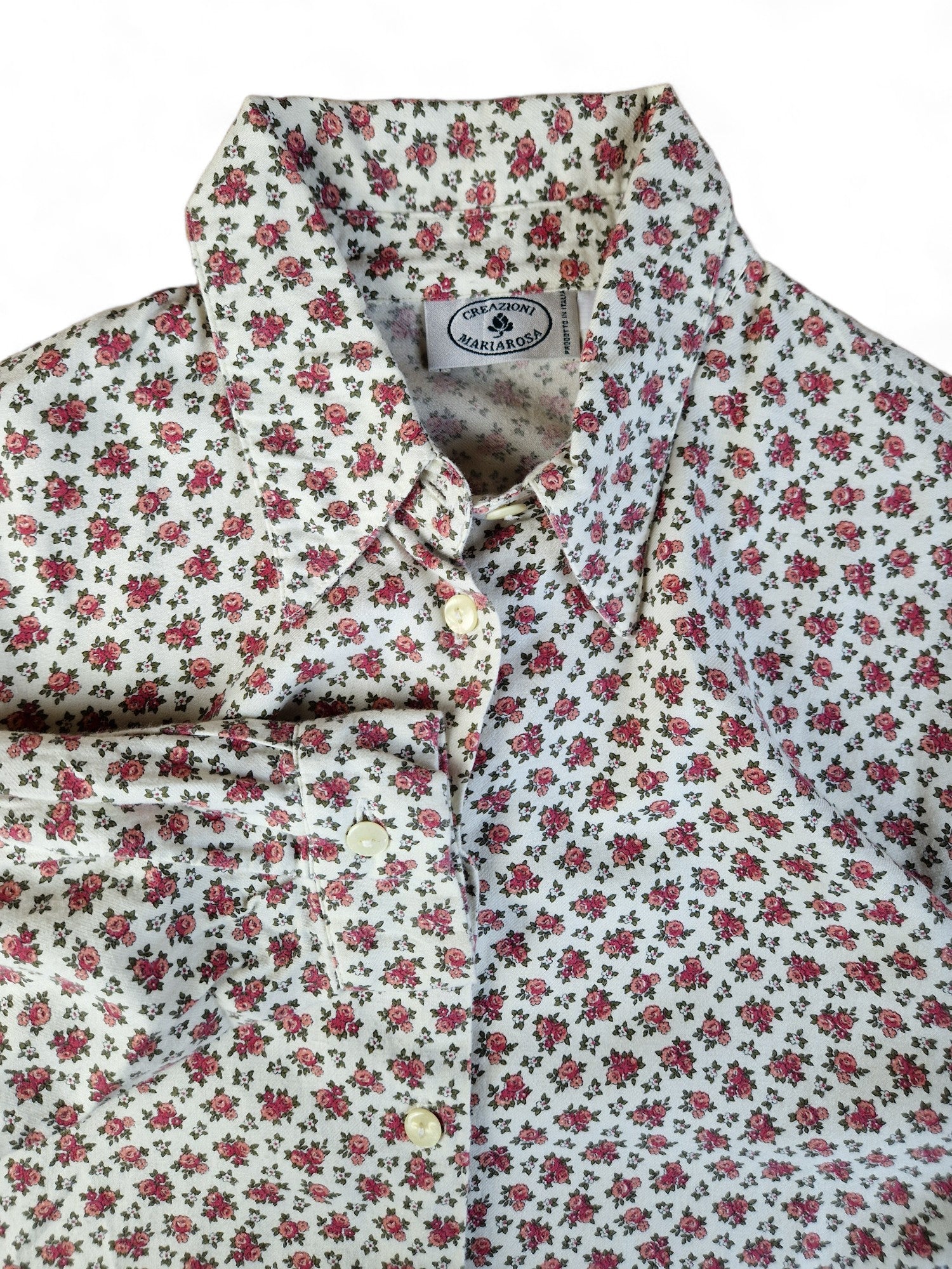Vintage Maria Rosa Hemd 80s Rosen Print Made In Italy Weiß Rot M