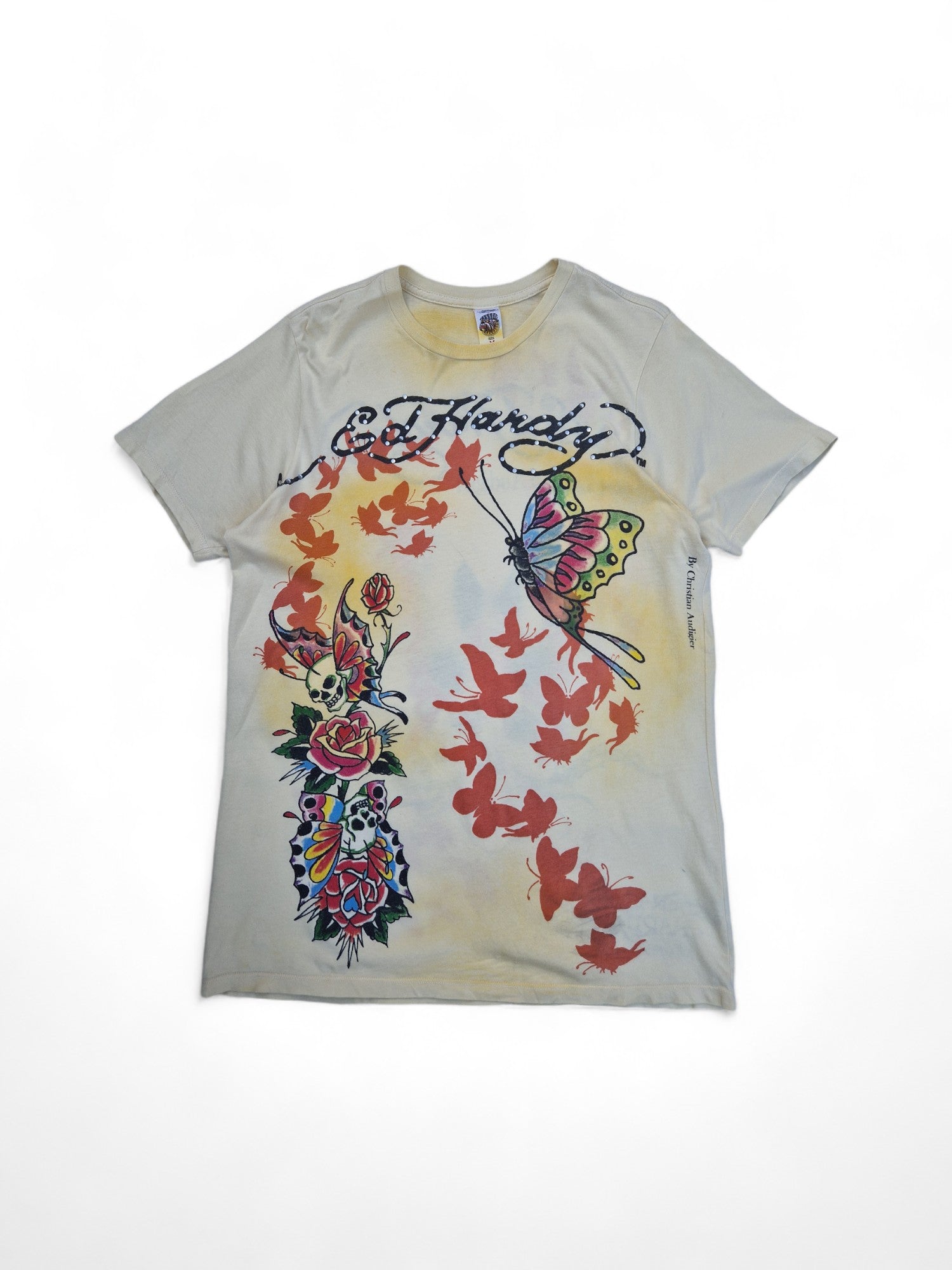 Ed Hardy Shirt Skull & Butterfly Made In USA Gelb M - RareRags