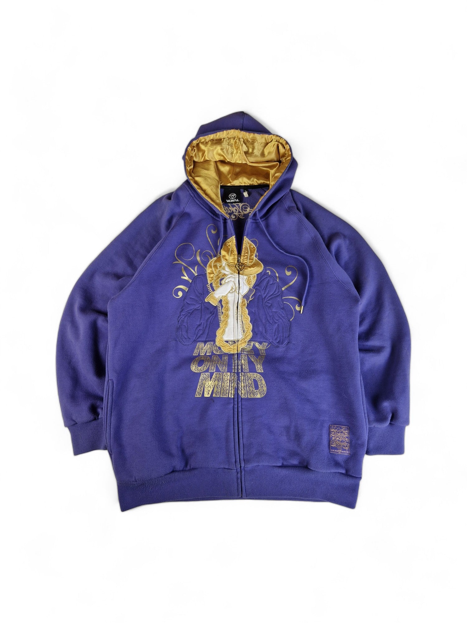 Vokal Hoodie "Money on my mind" Y2K Vibe Stickerei Lila Gold XL
