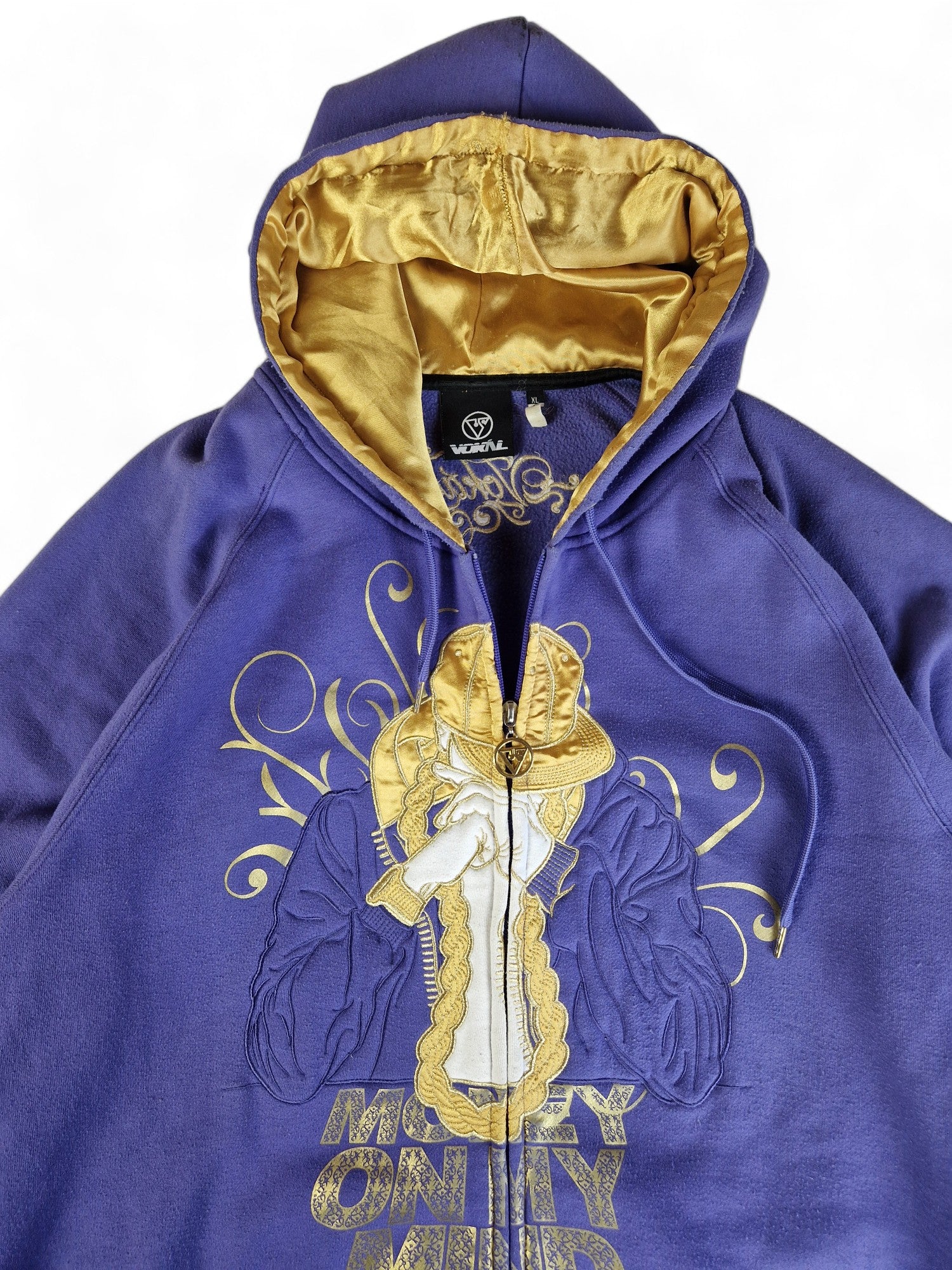 Vokal Hoodie "Money on my mind" Y2K Vibe Stickerei Lila Gold XL