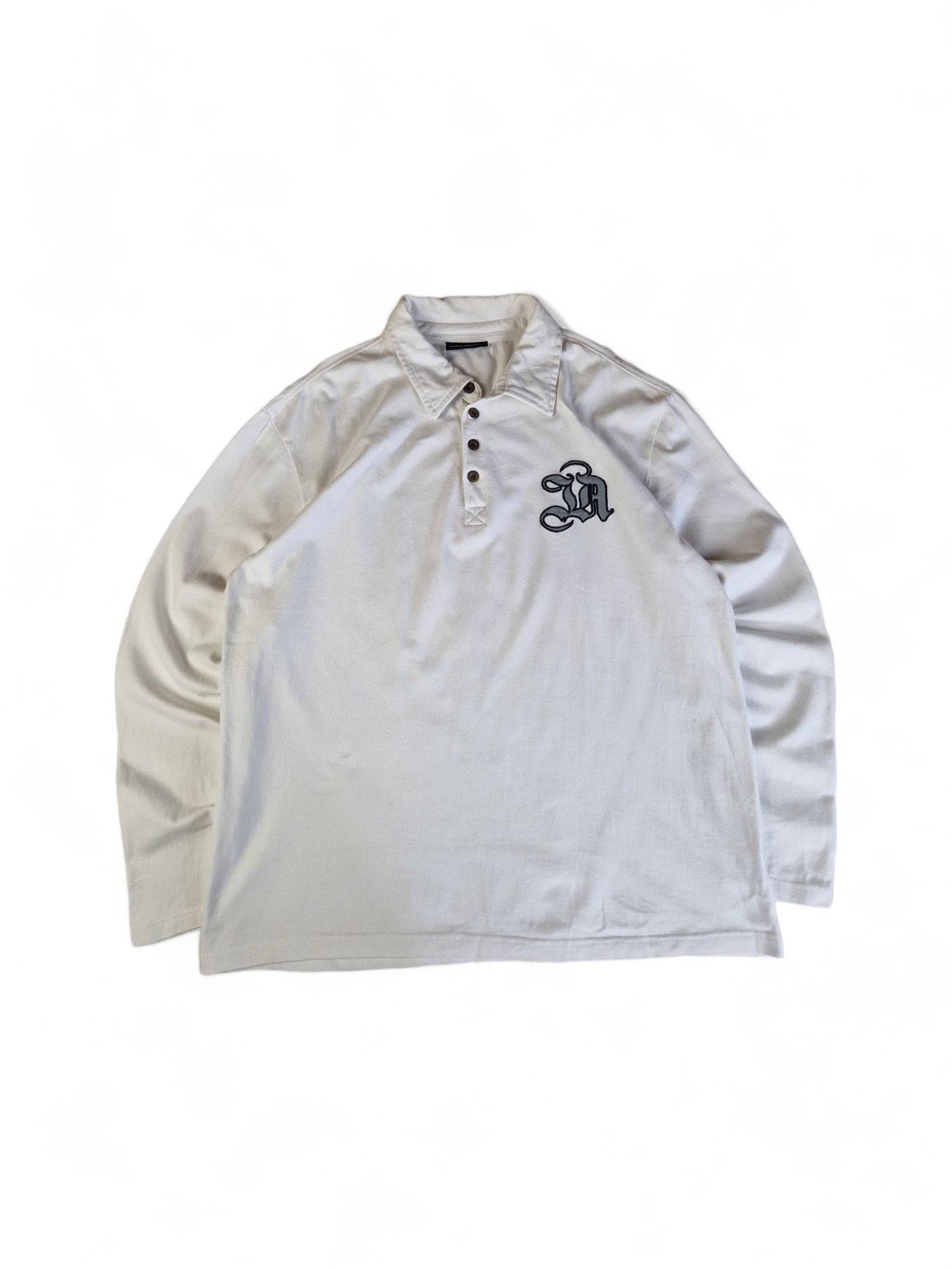 John Devin Sweater/Longsleeve Mit Polokragen Und Knopfleiste Y2K Back Print Weiß Silber XL - RareRags