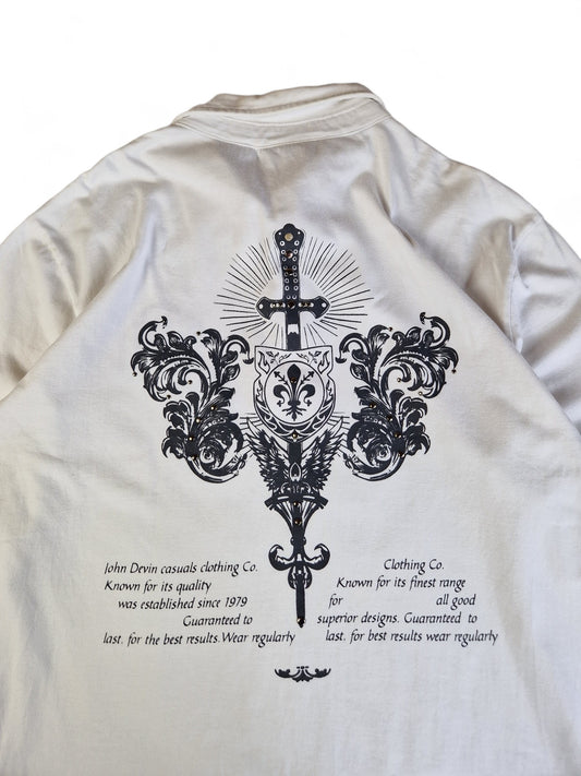 John Devin Sweater/Longsleeve Mit Polokragen Und Knopfleiste Y2K Back Print Weiß Silber XL