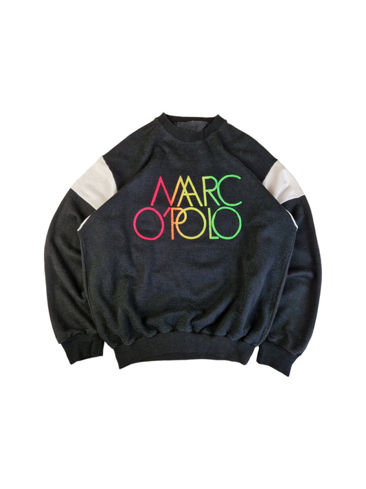 Vintage Marco Polo Sweater 80s Spellout Regenbogen Schwarz L-XL
