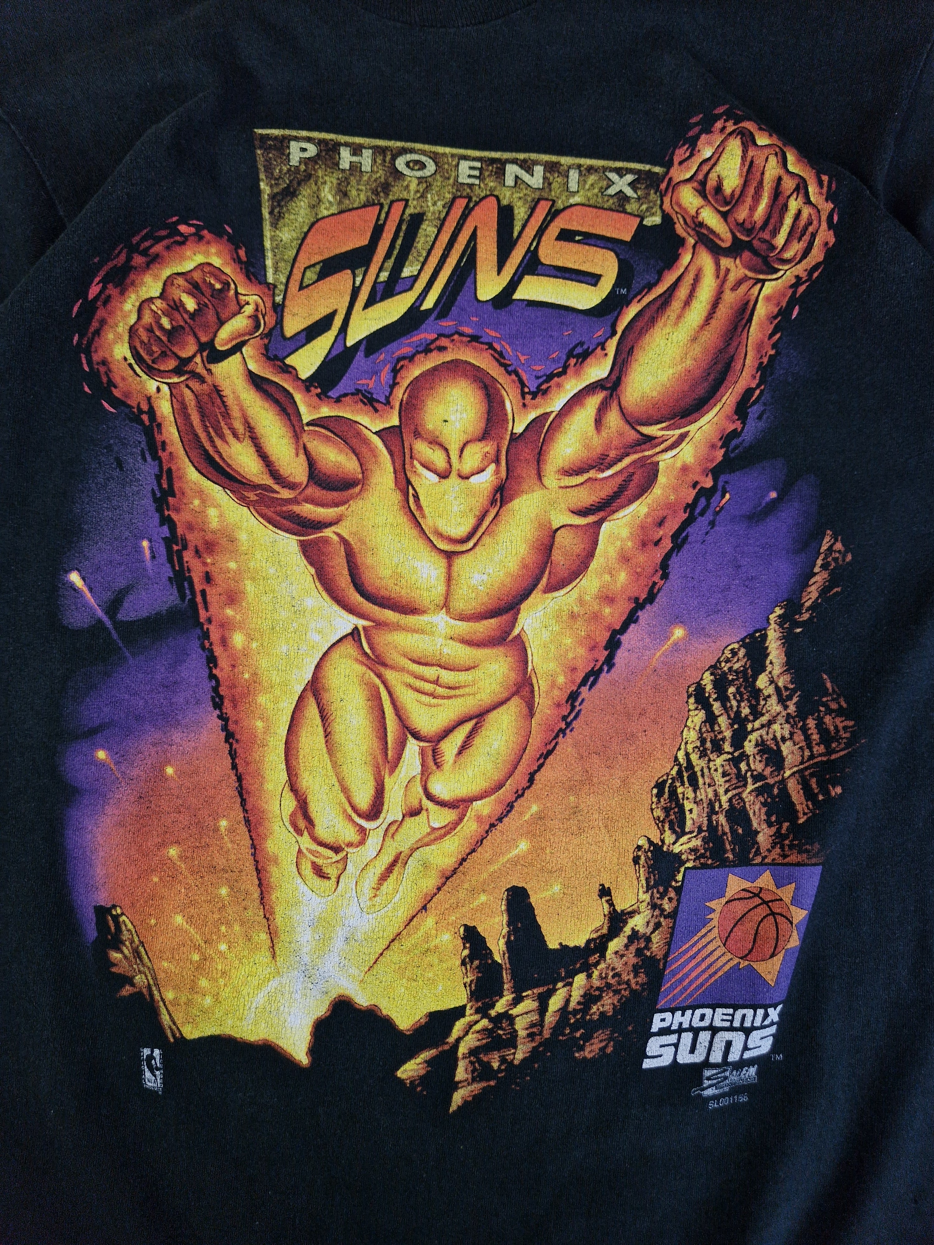 Rare! Vintage Team Sport Shirt Phoenix Suns Slammin’ Torch Comics Graphic Single Stitch Schwarz M-L - RareRags