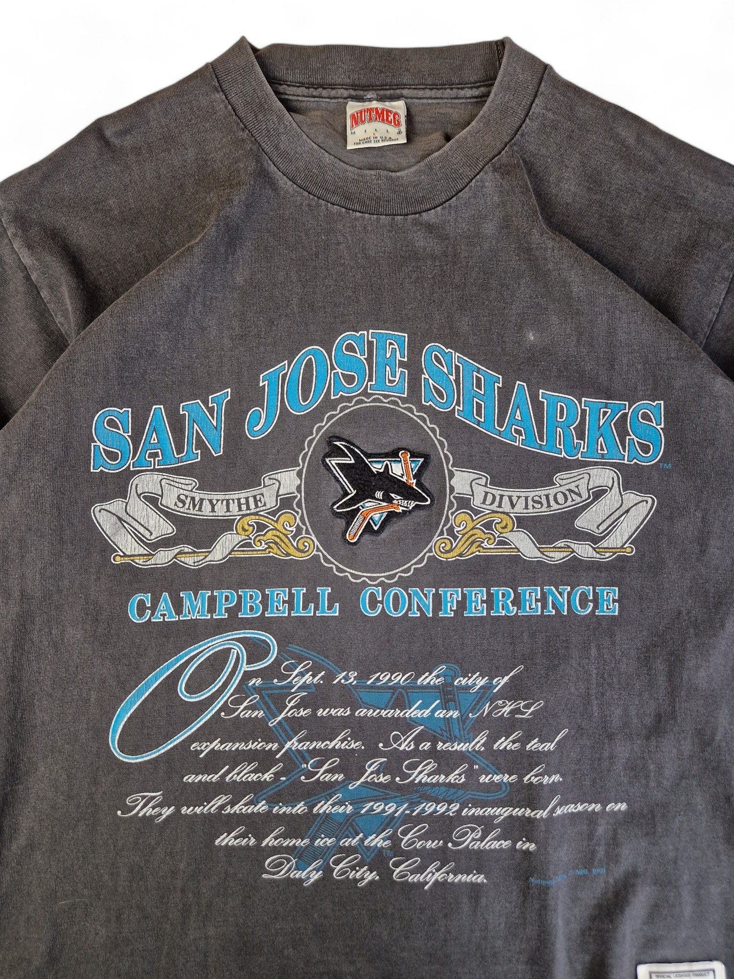 Rare! Vintage Nutmeg Shirt 1991 San Jose Sharks Campbell Konferenz Single Stitch Made In USA Ausgewaschenes Schwarz L - RareRags