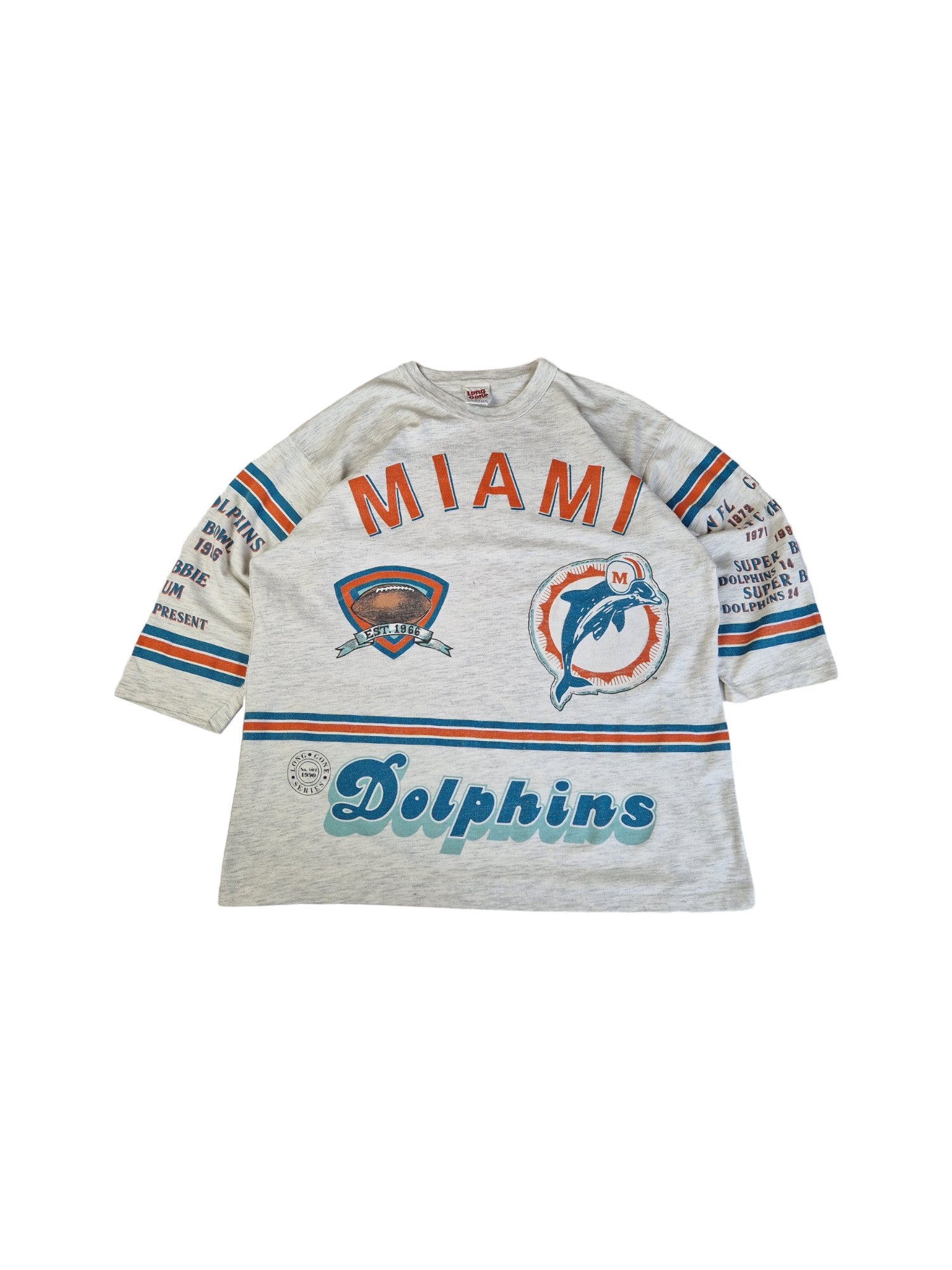 Rare! Vintage Longe Gone Shirt 80s Miami Dolphins All-Over Print Single Stitch Made In USA Grau XL - RareRags