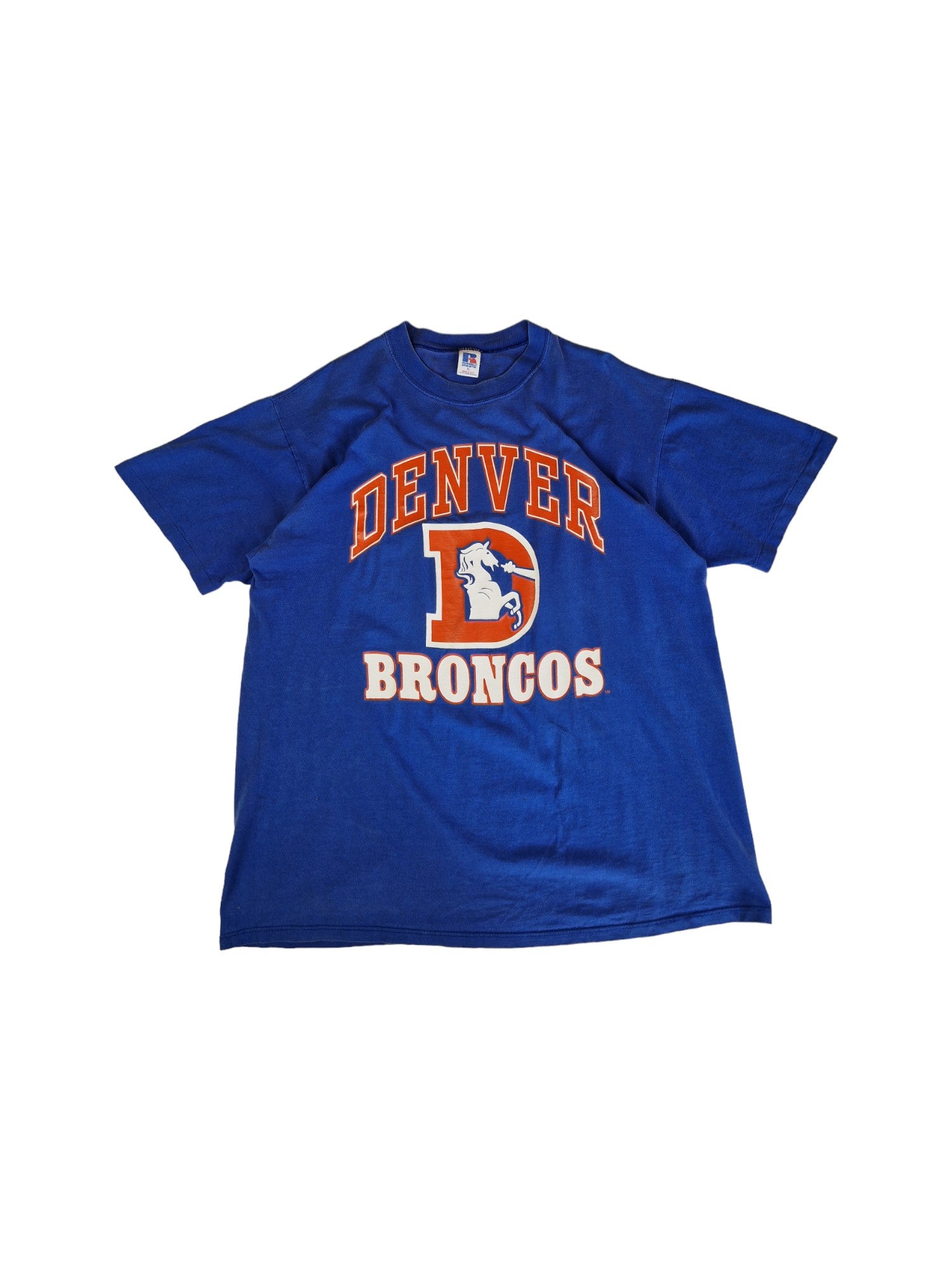 Vintage Russell Shirt Denver Broncos NFL Made In USA Single Stitch Sleeve Blau XL - RareRags