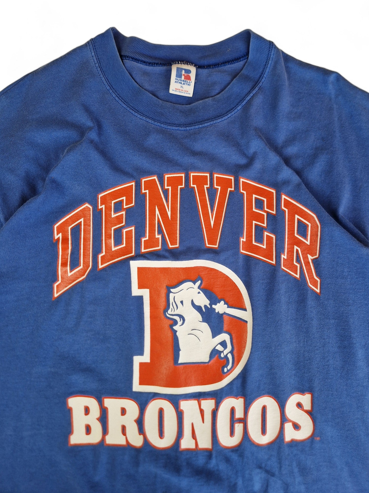 Vintage Russell Shirt Denver Broncos NFL Made In USA Single Stitch Sleeve Blau XL - RareRags