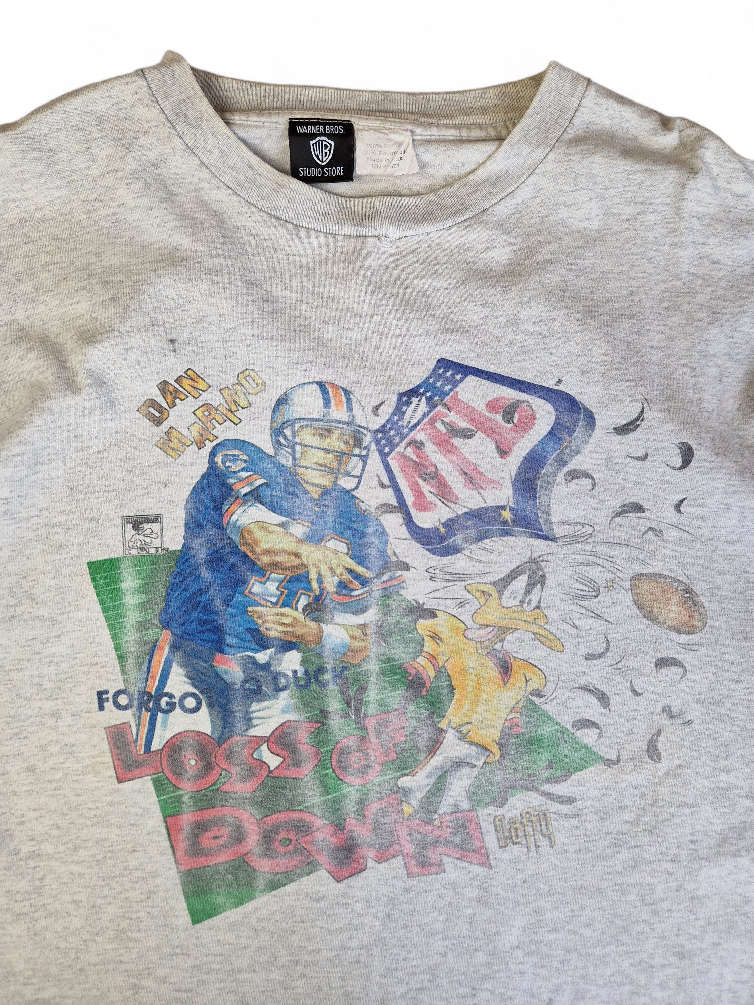 Rare! Vintage Warner Brothers Shirt 1995 Miami Dolphins Dan Marino Daffy Duck Made In USA Single Stitch Grau XXL - RareRags