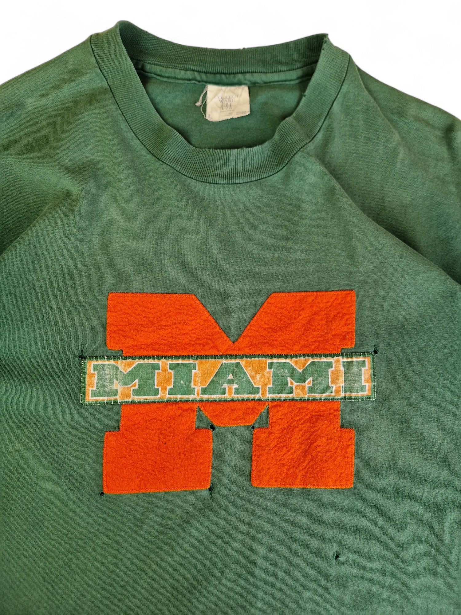 Vintage College Wear Shirt Miami Dolphins Used Look Ausgewaschen Single Stitch Made In USA Grün L - RareRags