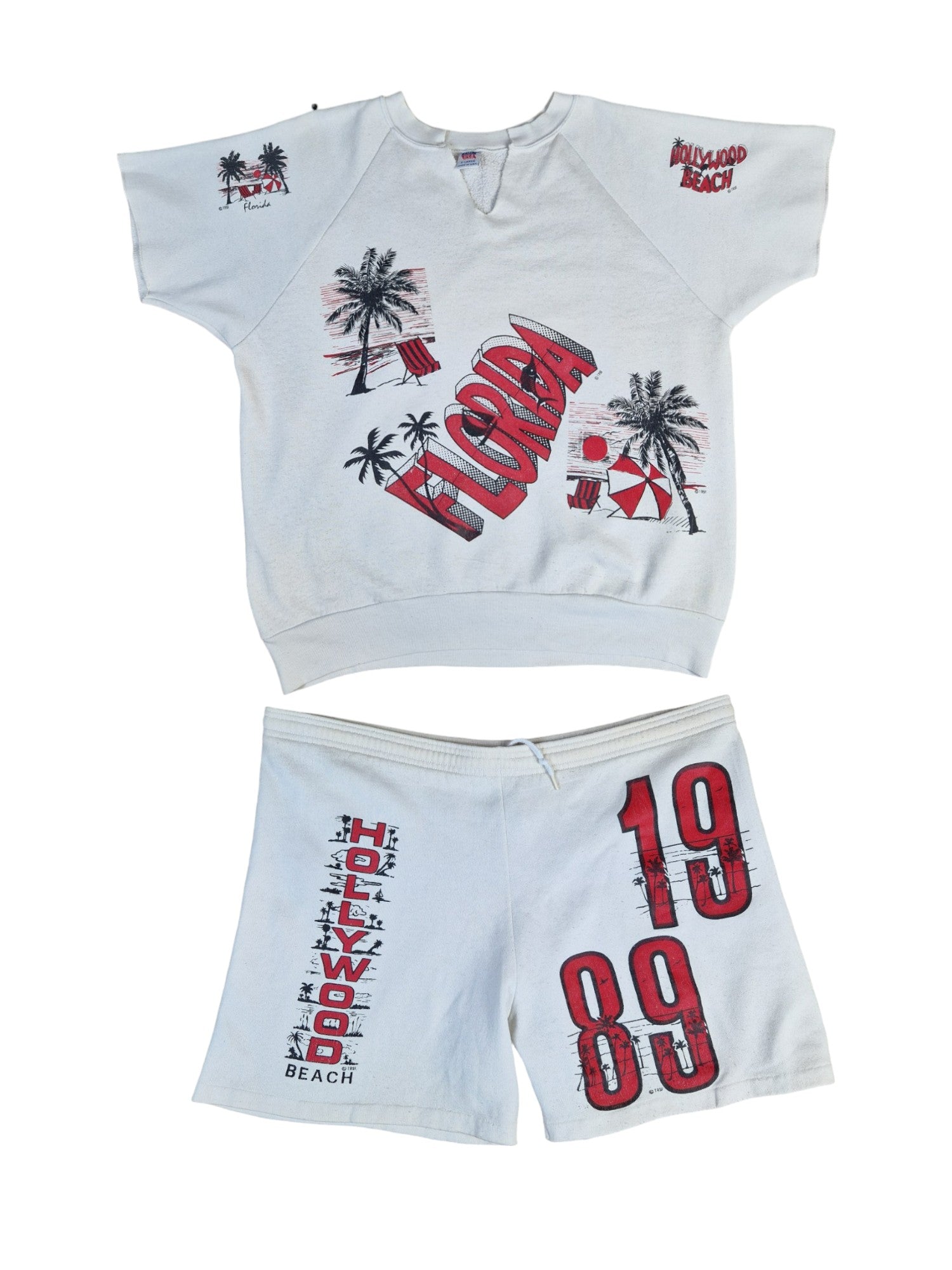 Vintage Set aus Oberteil Und Shorts 80s "Hollywood Beach" Made In USA Weiß XL - RareRags