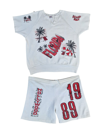 Vintage Set aus Oberteil Und Shorts 80s "Hollywood Beach" Made In USA Weiß XL
