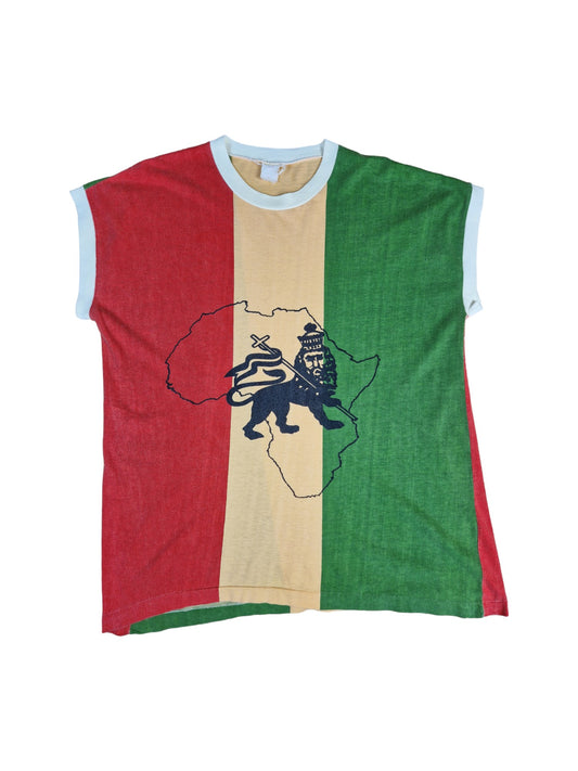 Vintage Tanktop 80s Rastafarian Reggae Judah Löwe Afrika Single Stitch Grün Gelb XL