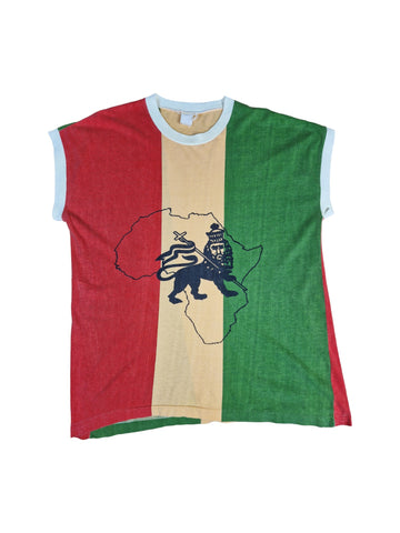 Vintage Tanktop 80s Rastafarian Reggae Judah Löwe Afrika Single Stitch Grün Gelb XL