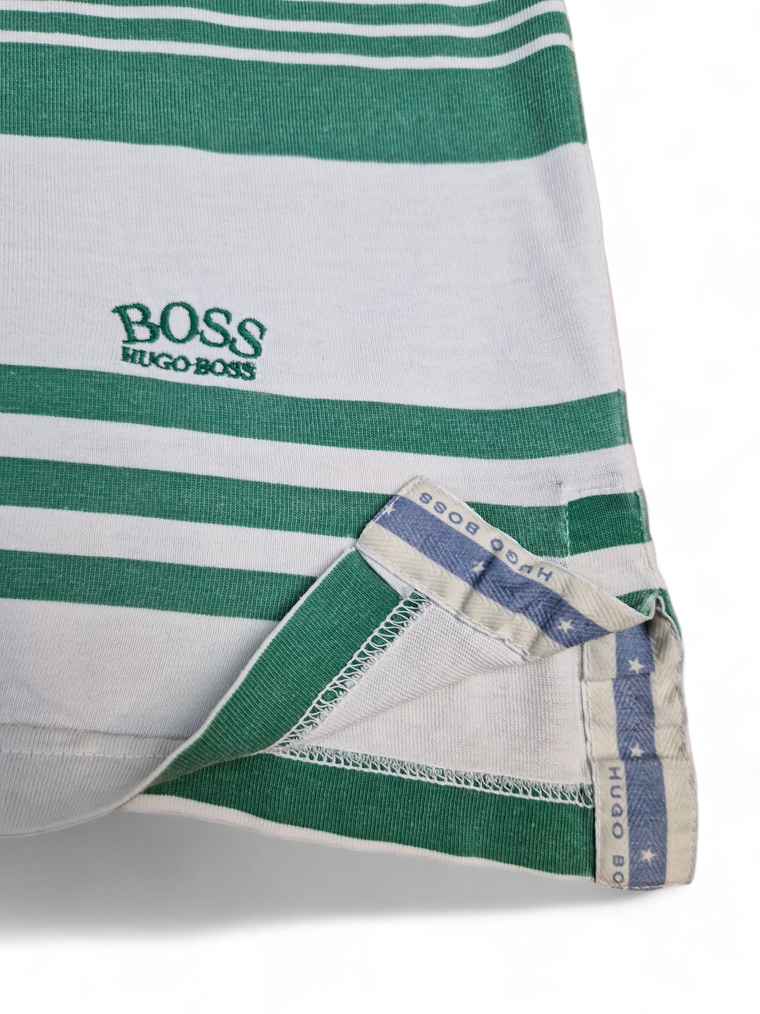 Vintage Hugo Boss Shirt "Ambassador" Mit Brusttasche Made In Italy Gestreift Weiß Grün L-XL - RareRags